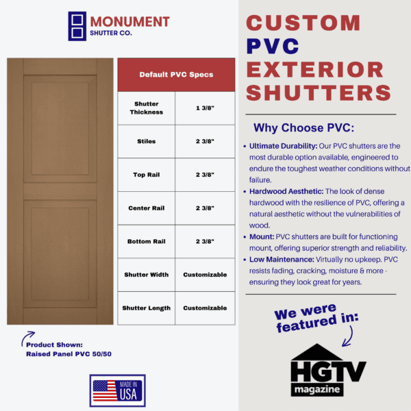 PVC exterior shutter specs from monument shutters